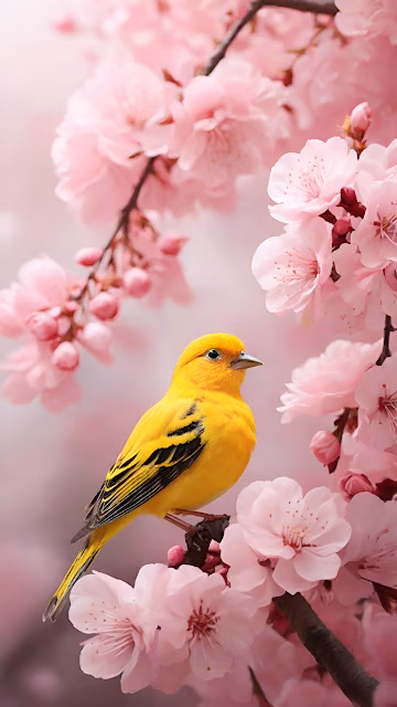 Vibrant Yellow Bird Perched Among Pink Cherry Blossoms - Free 4K & 8K Mobile Wallpaper