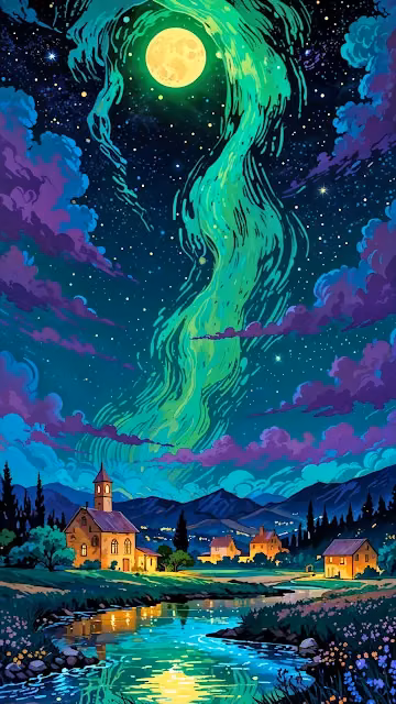 Village Under Aurora Borealis and Full Moon - Free 4K & 8K Mobile Wallpaper