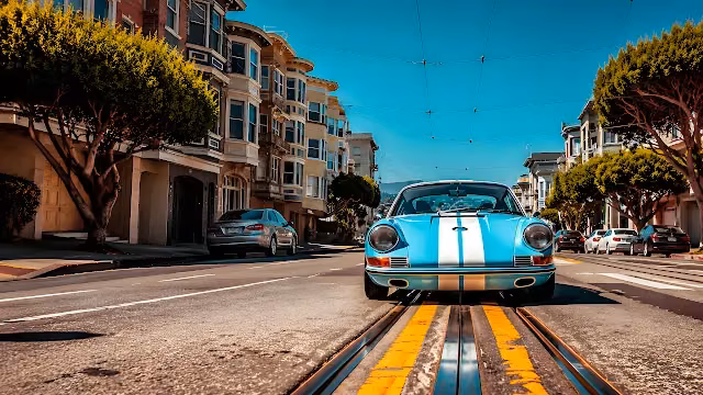 Classic light blue sports coupe with white racing stripes centered on streetcar tracks in a city street.