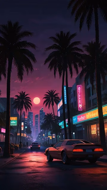 Vintage car parked under palm trees during neon sunset - Free 4K & 8K Mobile Wallpaper