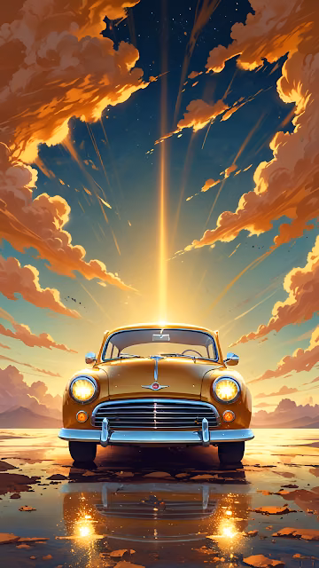 Vintage Car Under Cosmic Sunset Beam - Free 4K & 8K Mobile Wallpaper