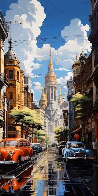 Vintage Cars on Wet City Street with Grand Cathedral - Free 4K & 8K Mobile Wallpaper