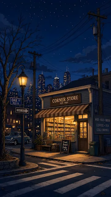 Cozy corner storefront glowing with warm yellow light on a city street at night with distant skyscrapers.