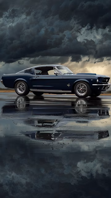 Vintage Dark Blue Mustang Fastback under Stormy Sky - Free 4K & 8K Mobile Wallpaper
