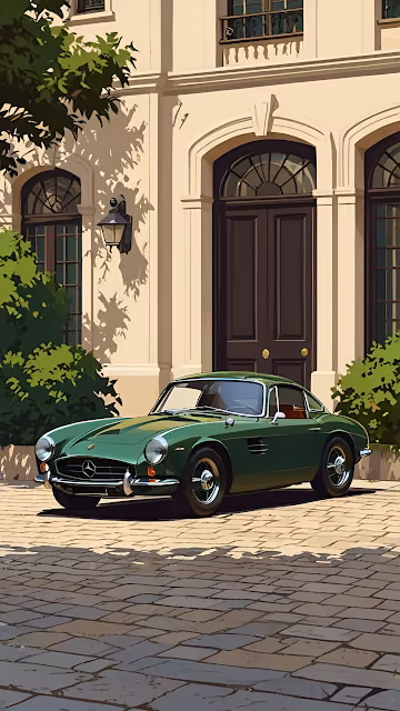 Vintage Green Sports Car Parked at Elegant European Mansion - Free 4K & 8K Mobile Wallpaper