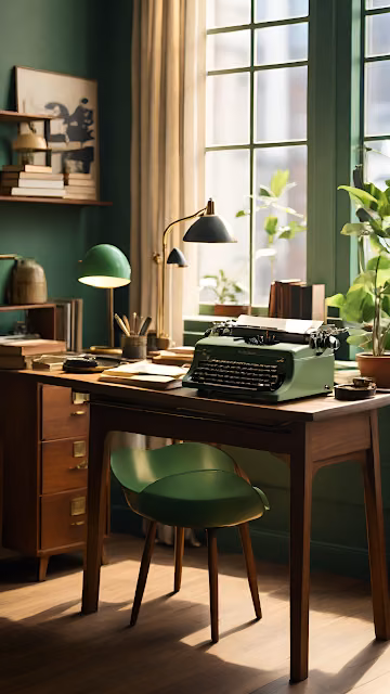 Vintage Green Typewriter on Cozy Home Office Desk - Free 4K & 8K Mobile Wallpaper