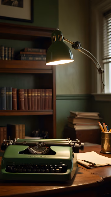 Vintage Green Typewriter on Desk with Banker Lamp Light - Free 4K & 8K Mobile Wallpaper