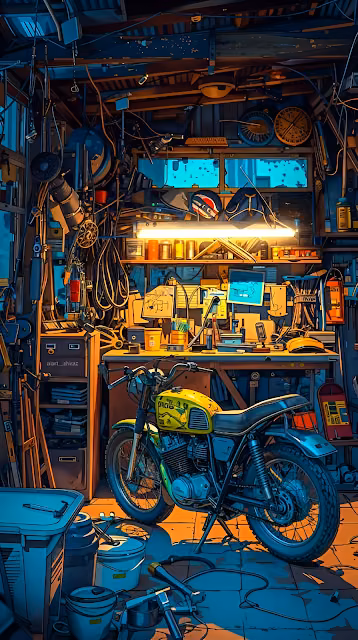 Vintage Motorcycle in Cluttered Neon Lit Workshop Art - Free 4K & 8K Mobile Wallpaper