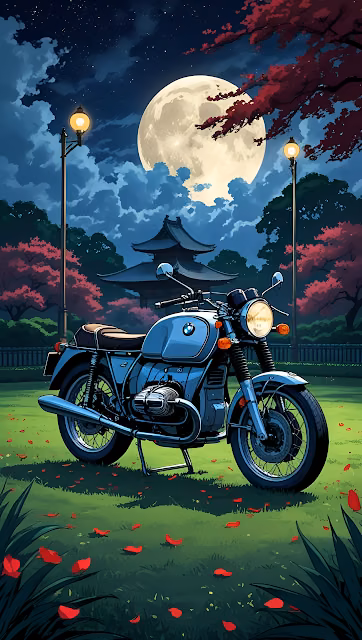 Vintage Motorcycle Night Scene Japanese Temple Full Moon Art - Free 4K & 8K Mobile Wallpaper