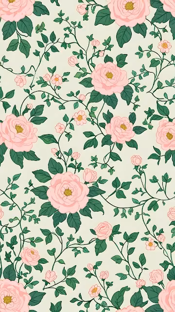 Vintage Pink Rose and Green Vine Seamless Pattern - Free 4K & 8K Mobile Wallpaper