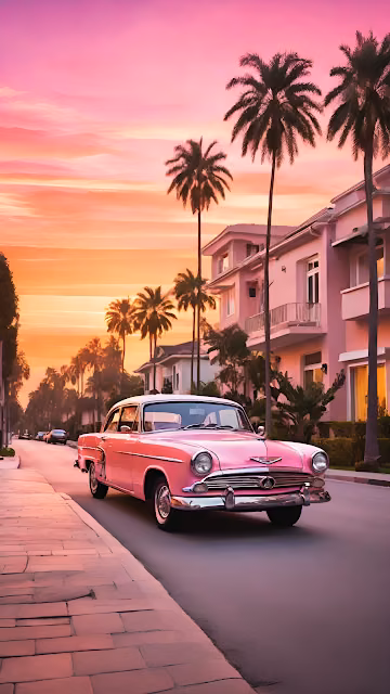Vintage Pink Sedan Cruising Palm Tree Lined Street Sunset - Free 4K & 8K Mobile Wallpaper