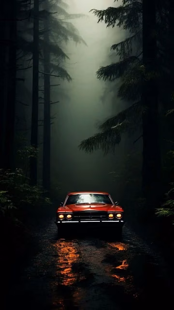 Vintage Red Car Driving Through Dark Foggy Pine Forest - Free 4K & 8K Mobile Wallpaper