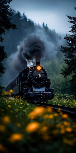 Vintage Steam Train Forest Wildflowers Moody - Free 4K & 8K Mobile Wallpaper