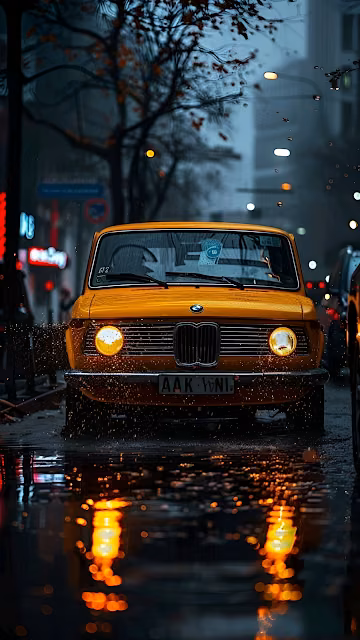 Vintage Yellow Car on Rainy City Street Reflection - Free 4K & 8K Mobile Wallpaper