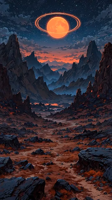 Volcanic Alien Landscape Under a Giant Ringed Orange Planet - Free 4K & 8K Mobile Wallpaper
