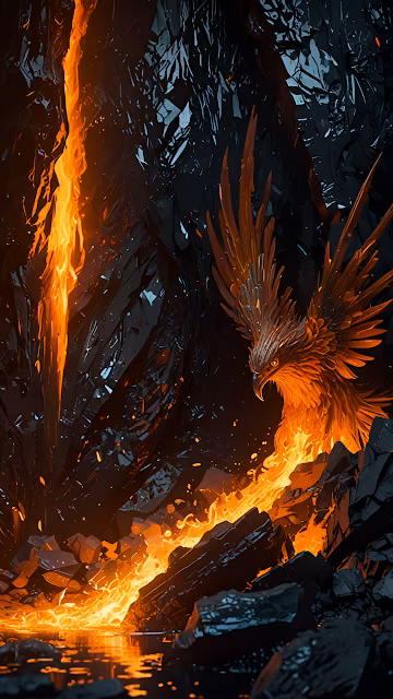 Volcanic Phoenix Emergence from Dark Obsidian Cave - Free 4K & 8K Mobile Wallpaper