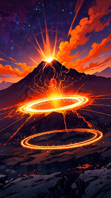Volcano Erupting with Glowing Rings Under Starry Sky - Free 4K & 8K Mobile Wallpaper
