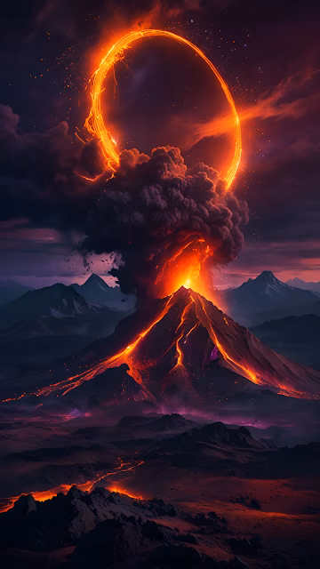 Volcano Erupting Under Fiery Ring in Cosmic Sky - Free 4K & 8K Mobile Wallpaper