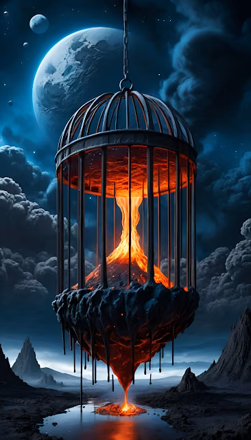 Volcano Trapped in Giant Cage Under Alien Moon - Free 4K & 8K Mobile Wallpaper
