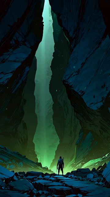 Warrior Figure in Deep Canyon Illuminated by Ethereal Green Light - Free 4K & 8K Mobile Wallpaper