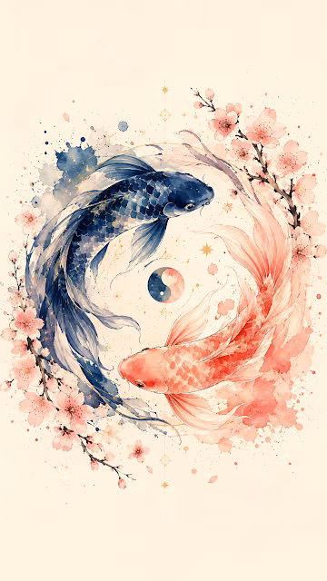 Watercolor Koi Fish Yin-Yang with Pink Cherry Blossoms - Free 4K & 8K Mobile Wallpaper