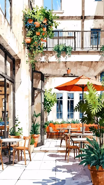 Watercolour Cafe Patio with Orange Umbrella and Plants - Free 4K & 8K Mobile Wallpaper