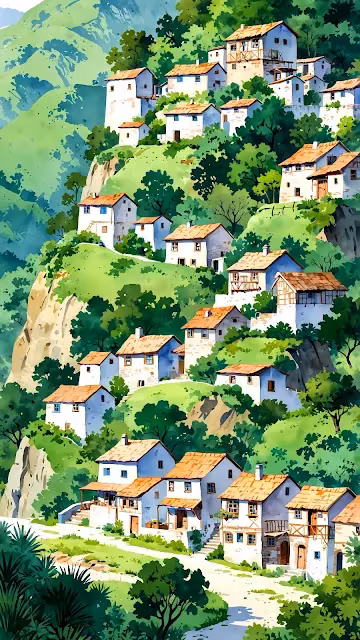 Watercolour Village Cascading Down Green Hillside - Free 4K & 8K Mobile Wallpaper