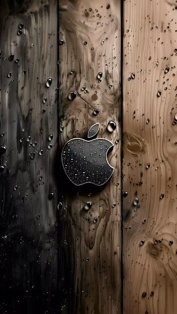 Wet Wood Grain Apple Logo Chrome Rain Drops Texture - Free 4K & 8K Mobile Wallpaper