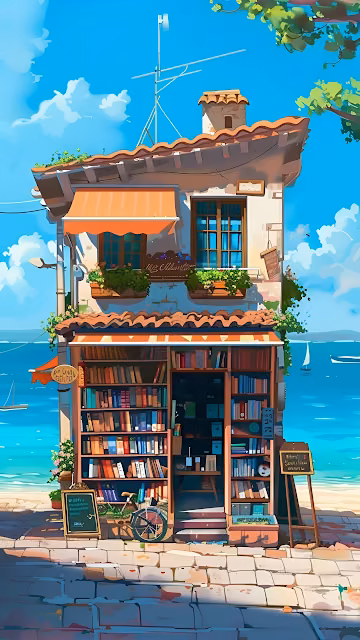 Whimsical Coastal Bookstore Illustration, Ghibli Style Seaside Cafe - Free 4K & 8K Mobile Wallpaper