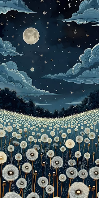 Whimsical Dandelion Field Under Starry Midnight Sky Painting - Free 4K & 8K Mobile Wallpaper