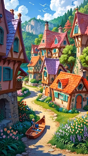 Whimsical European Village Street in Mountain Valley - Free 4K & 8K Mobile Wallpaper