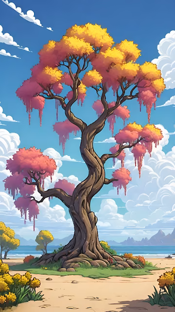 Whimsical Fantasy Tree on Coastal Beach Landscape Art - Free 4K & 8K Mobile Wallpaper