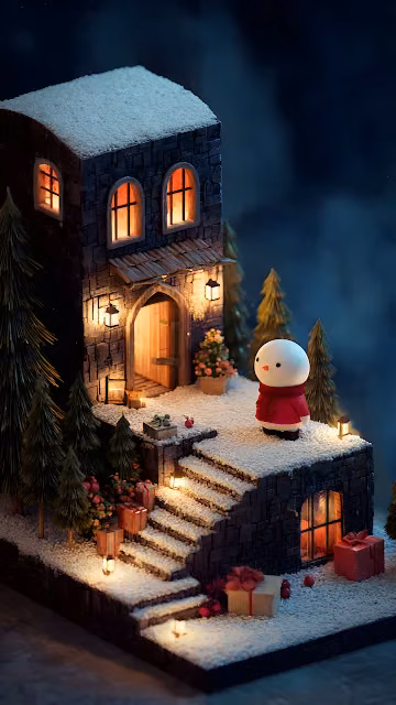 Whimsical Miniature Snowy Stone Cabin Christmas Scene - Free 4K & 8K Mobile Wallpaper