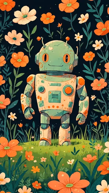 Whimsical Retro Robot Standing in a Field of Orange Flowers - Free 4K & 8K Mobile Wallpaper