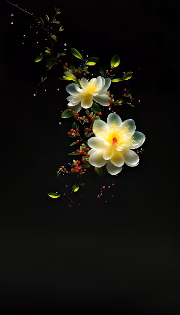 White Blossoms with Red Berries on Dark Background - Free 4K & 8K Mobile Wallpaper