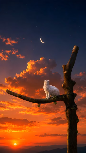 White cat sits on a weathered branch beneath a crescent moon and glowing orange twilight clouds.