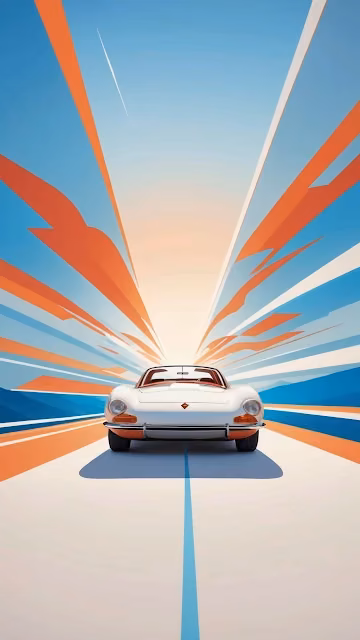 White classic car speeds down stylized road with speed lines - Free 4K & 8K Mobile Wallpaper