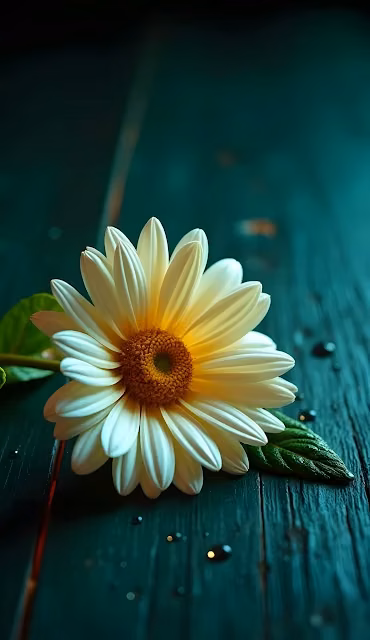 White Daisy on Dark Wood with Water Droplets - Free 4K & 8K Mobile Wallpaper
