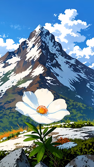White Flower Blooming Before Snow-Capped Mountain - Free 4K & 8K Mobile Wallpaper