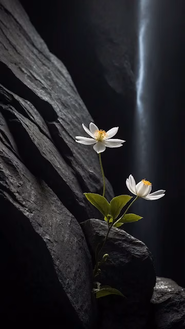 White Flower Blooming on Dark Rock Face - Free 4K & 8K Mobile Wallpaper