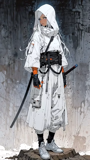 White Hooded Warrior with Katana in Ruins - Free 4K & 8K Mobile Wallpaper