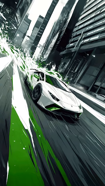 White Lamborghini Speeding Through City Street Dynamic Art - Free 4K & 8K Mobile Wallpaper