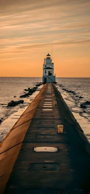 White Lighthouse on Long Pier at Golden Sunset - Free 4K & 8K Mobile Wallpaper