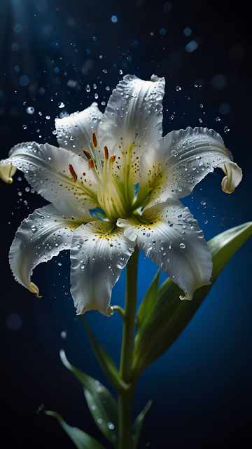 White Lily with Dewdrops Glowing Against Dark Blue Background - Free 4K & 8K Mobile Wallpaper