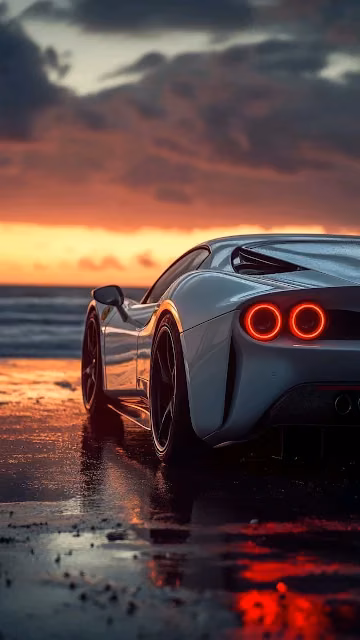 White Luxury Sports Car Beach Sunset Glowing Taillights - Free 4K & 8K Mobile Wallpaper