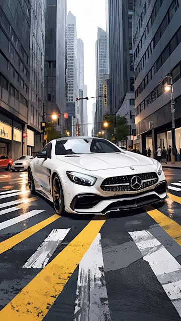 White Luxury Sports Car on Wet City Street Skyscraper View - Free 4K & 8K Mobile Wallpaper