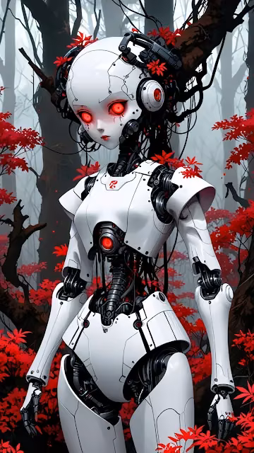 White robot with red eyes stands in forest of crimson leaves - Free 4K & 8K Mobile Wallpaper