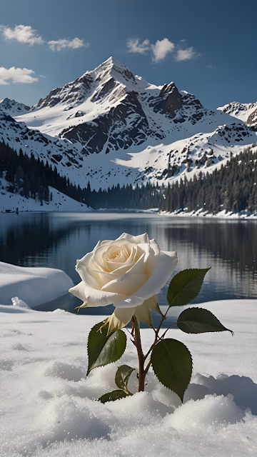 White Rose Blooming in Snow by Alpine Lake and Mountains - Free 4K & 8K Mobile Wallpaper