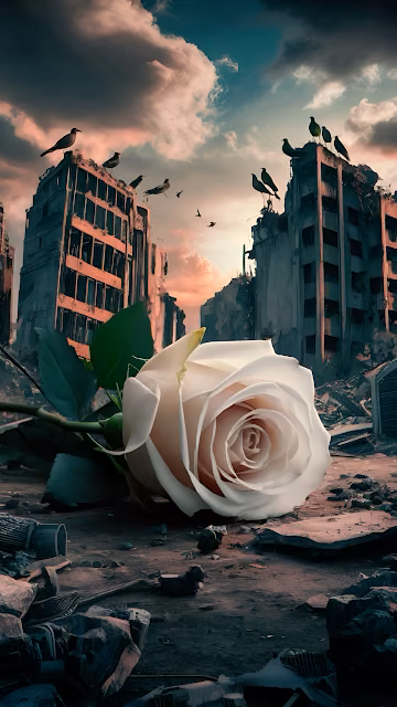 White Rose of Peace in Post Apocalyptic Ruins - Free 4K & 8K Mobile Wallpaper
