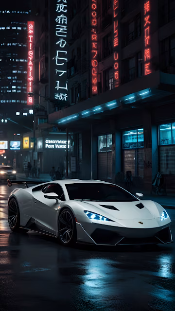 White Supercar Cyberpunk City Street Neon Reflections Night - Free 4K & 8K Mobile Wallpaper